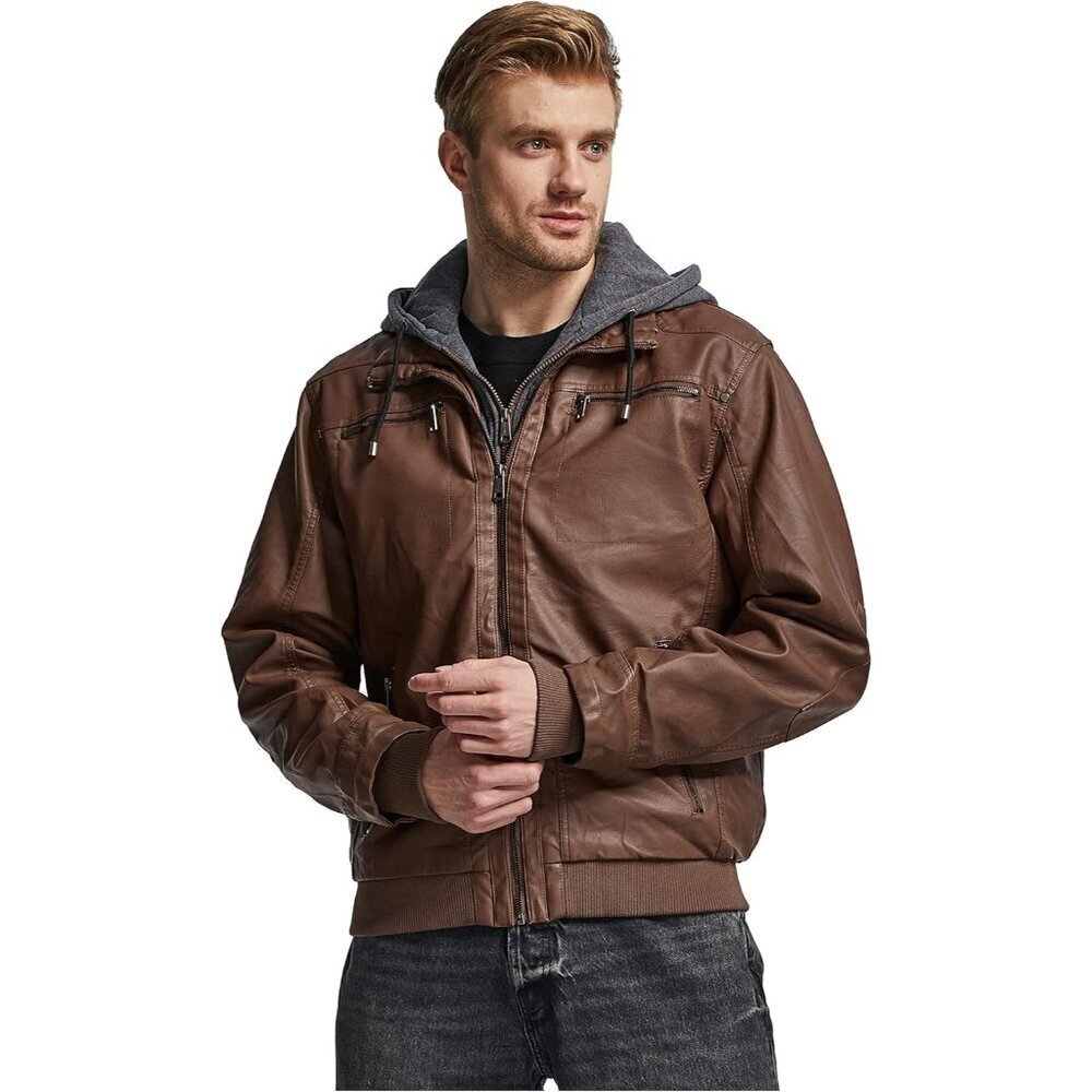 Men's Brown-Thick Winter Coat Faux Leather Spring Jacket with Removable Hood - Picture 4 of 6
